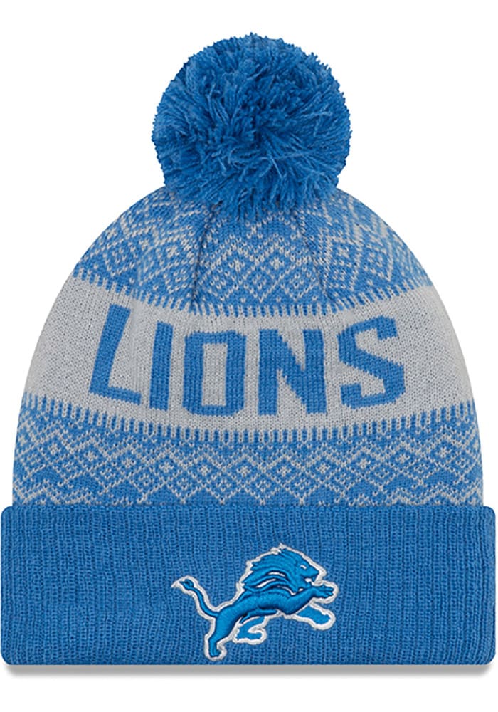 New Era Detroit Lions Blue Wintry Pom 3 Mens Knit Hat