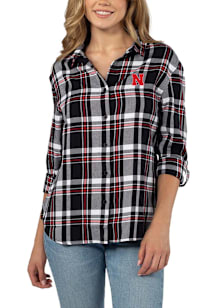 Nebraska Cornhuskers Womens Boyfriend Plaid Long Sleeve Black Dress Shirt