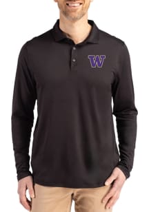 Mens Washington Huskies Black Cutter and Buck Coastline Long Sleeve Polo Shirt