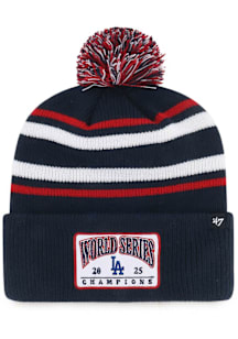 47 Los Angeles Dodgers Navy Blue 2025 World Series Champions Patch Cuff Pom Mens Knit Hat