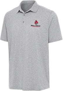 Antigua Ball State Cardinals Mens Grey Par 3 Short Sleeve Polo