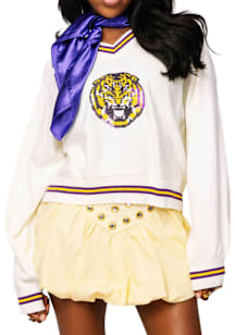 Queen of Sparkles LSU Tigers Womens White Sequins V Long Sleeve Sweater