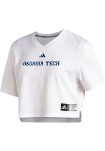 Adidas GA Tech Yellow Jackets Womens White Crop Jersey Short Sleeve T-Shirt