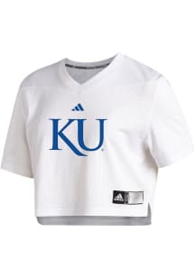 Adidas Kansas Jayhawks Womens White Crop Jersey Short Sleeve T-Shirt