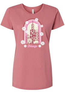 Chicago Womens Pink Skyline Puff Floral Tee Short Sleeve T-Shirt