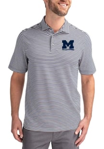 Mens Michigan Wolverines Blue Cutter and Buck Letterwinners M Club Virtue Eco Pique Stripe Short S..
