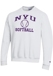 Champion NYU Violets Mens White Softball Powerblend Long Sleeve Crew Sweatshirt