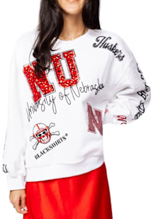 Queen of Sparkles Nebraska Cornhuskers Womens White Bling All Over Icon Crew Sweatshirt