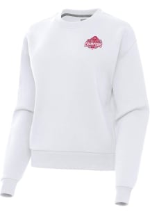 Womens Ohio State Buckeyes White Antigua 2024 Football National Champions Victory Crew Sweatshir..