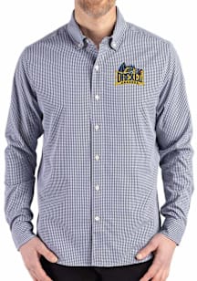 Mens Drexel Dragons Navy Blue Cutter and Buck Gingham LS Woven Long Sleeve Dress Shirt