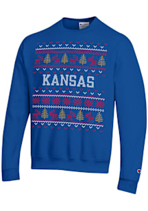 Champion Kansas Jayhawks Mens Blue Christmas Long Sleeve Crew Sweatshirt