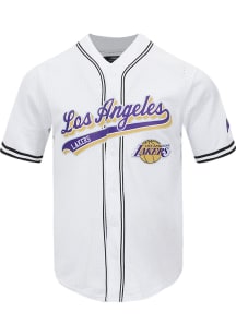 Pro Standard Los Angeles Lakers White Script Tail Mesh Button Down Short Sleeve T Shirt