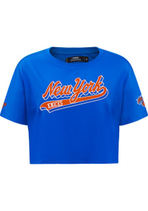Pro Standard New York Knicks Womens Blue Script Tail Boxy Short Sleeve T-Shirt