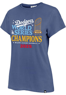 47 Los Angeles Dodgers Womens Light Blue 2025 World Series Champions Trophy Short Sleeve T-Shirt