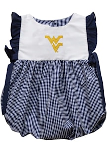 Vive La Fete West Virginia Mountaineers Baby Girls Navy Blue Gingham Bubble Short Sleeve Dress