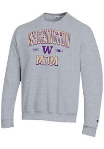 Champion Washington Huskies Mens Grey EST Date Mom Powerblend Long Sleeve Crew Sweatshirt