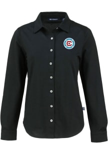 Cutter and Buck Chicago Fire Womens Advantage Soft Pique Long Sleeve Black Dress Shirt