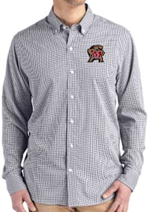 Mens Maryland Terrapins Black Cutter and Buck Gingham LS Woven Long Sleeve Dress Shirt