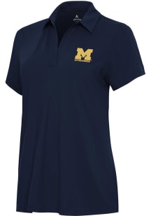 Womens Michigan Wolverines Blue Antigua Letterwinners M Club Era Short Sleeve Polo Shirt