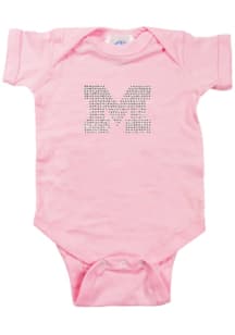 Baby Pink Michigan Wolverines Clear Stones Short Sleeve One Piece