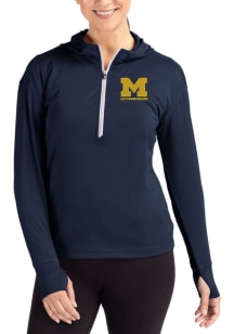 Womens Michigan Wolverines Blue Cutter and Buck Letterwinners M Club Daybreak Hood Qtr Zip