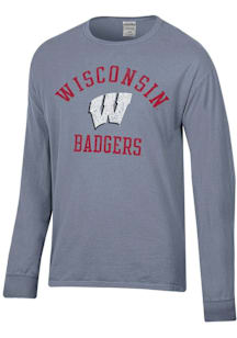 ComfortWash Wisconsin Badgers Grey Name Arch Mascot Garment Dyed Long Sleeve T Shirt