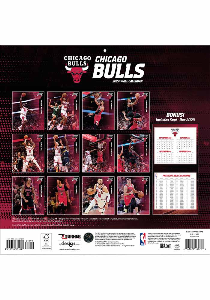 Chicago Bulls 2025 Team Wall 12x12 Calendar