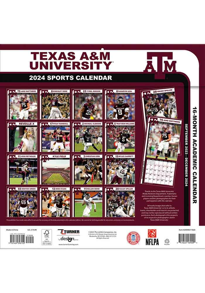 Texas A&M Aggies 2024 Team Wall 12x12 Calendar