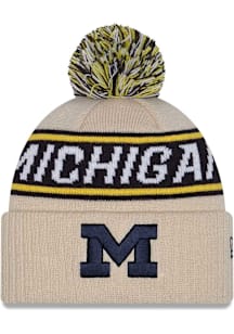 New Era Michigan Wolverines Natural DL Team Slogan Pom Cuff Youth Knit Hat
