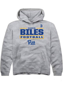 Rasheem Biles Rally Youth Grey Pitt Panthers NIL Stacked Box Long Sleeve Player Hoodie