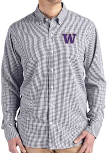 Mens Washington Huskies Black Cutter and Buck Gingham LS Woven Long Sleeve Dress Shirt