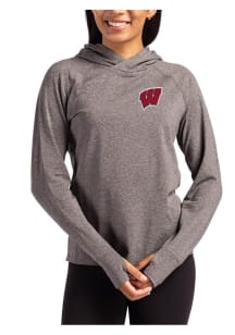 Womens Wisconsin Badgers Black Cutter and Buck Adapt Knit Hood Hooded Sweatshirt