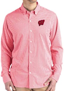 Mens Wisconsin Badgers Red Cutter and Buck Gingham LS Woven Long Sleeve Dress Shirt