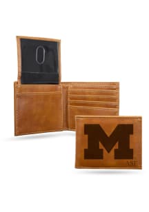 Personalized Laser Engraved Michigan Wolverines Mens Bifold Wallet - Brown