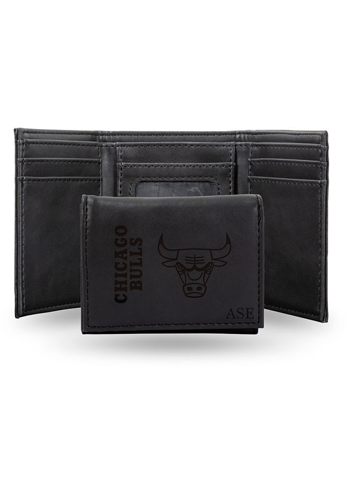 Chicago Bulls Personalized Laser Engraved Mens Trifold Wallet - BLACK
