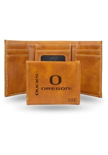 Personalized Laser Engraved Oregon Ducks Mens Trifold Wallet - Brown