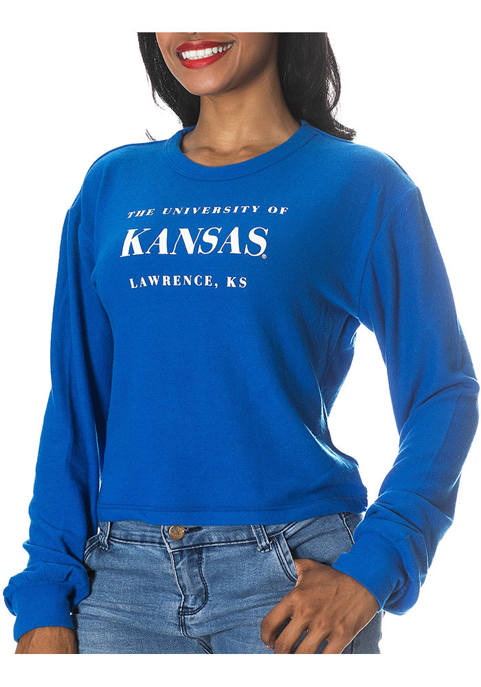 Kansas Jayhawks Womens Blue Crop Sweater Fleece LS Tee