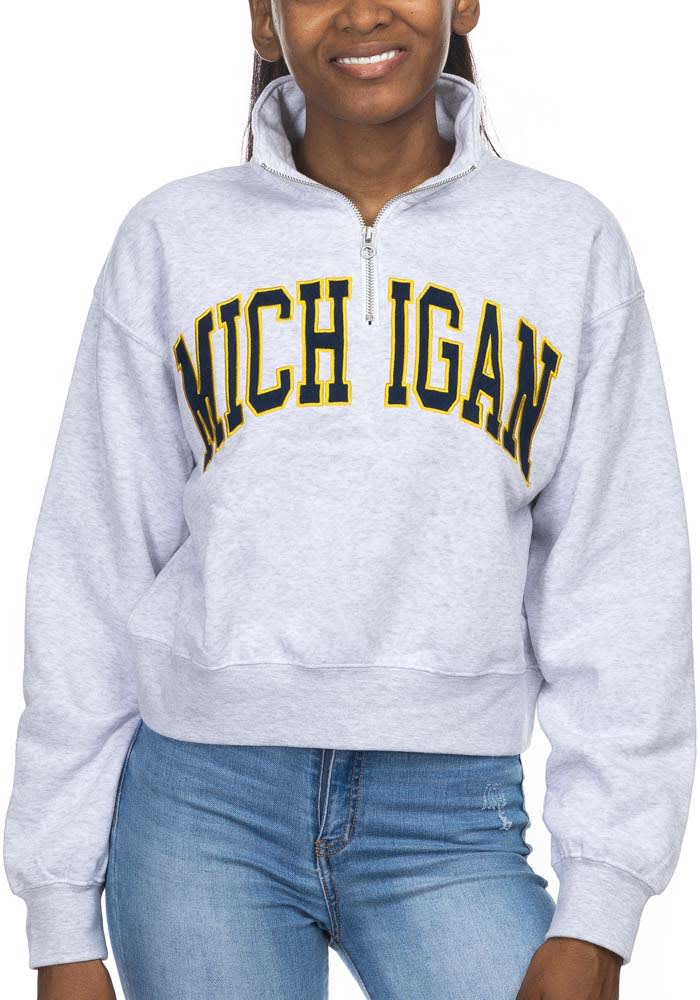 Champion University of Michigan Women's Silver Gray College Vault Wolverine  Reverse Weave Cropped Crewneck Sweatshirt