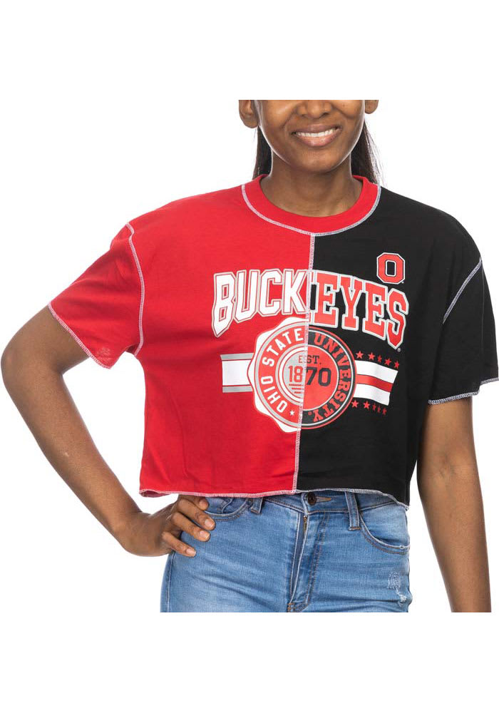 Ohio State Buckeyes Womens Red Crop Patchwork Short Sleeve T-Shirt