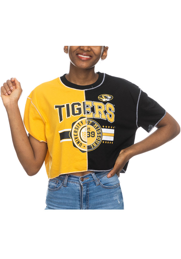 Missouri Tigers Womens Black Crop Patchwork Short Sleeve T-Shirt