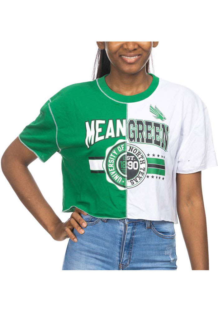 North Texas Mean Green Womens Kelly Green Crop Patchwork Short Sleeve T-Shirt