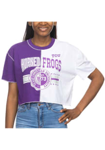 TCU Horned Frogs Womens Purple Crop Patchwork Short Sleeve T-Shirt