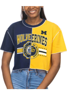 Michigan Wolverines Womens Navy Blue Crop Patchwork Short Sleeve T-Shirt