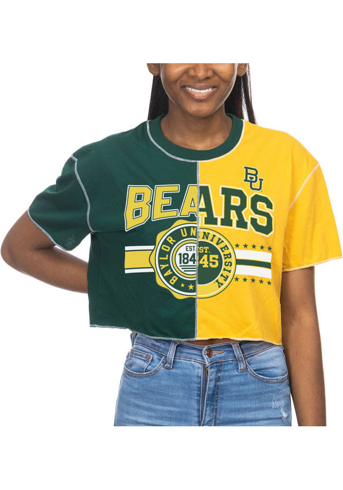 Baylor Bears Womens Green Crop Patchwork Short Sleeve T-Shirt
