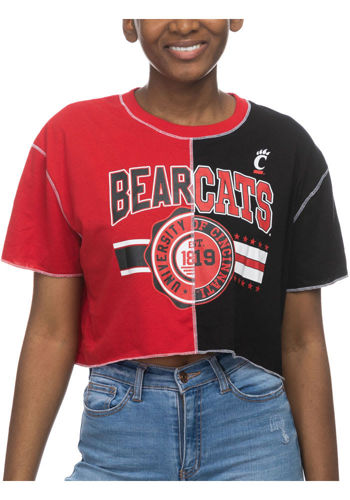 Cincinnati Bearcats Womens Red Crop Patchwork Short Sleeve T-Shirt