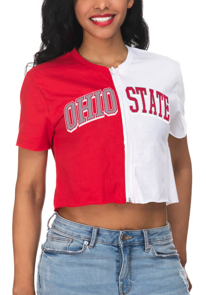 Ohio State Buckeyes Womens Red Crop Colorblock Zipper Short Sleeve T-Shirt