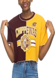 Central Michigan Chippewas Womens Maroon Crop Patchwork Short Sleeve T-Shirt
