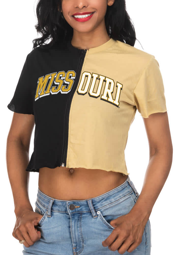 Missouri Tigers Womens Black Crop Colorblock Zipper Short Sleeve T-Shirt