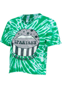Michigan State Spartans Womens Green Tie Dye Mouth Crop Short Sleeve T-Shirt