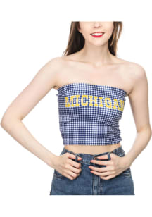 Michigan Wolverines Womens Navy Blue Gingham Tube Top Tank Top